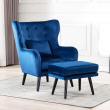 (Navy with Footstool, Velvet) Winslow Wing Back Occasional Fabric Lounge Accent Chair Living Room Armchair w Stool