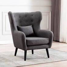 (Grey without Footstool, Linen) Winslow Wing Back Occasional Fabric Lounge Accent Chair Living Room Armchair w Stool