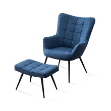 (Blue with Footstool, Linen) Vera Linen / Velvet Occasional Lounge Living Room Accent Chair Armchair Metal Legs w Stool