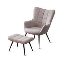 (Light Grey with Footstool, Linen) Vera Linen / Velvet Occasional Lounge Living Room Accent Chair Armchair Metal Legs w Stool