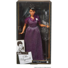 Barbie inspirujaca seria kobiet Ella Fitzgerald Collectible Doll ok. 12-in nosza fioletowa suknie z mikrofonem stojakiem lalek i certyfikat auten