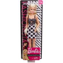 Barbie Fashionistas Puppe mit langen blonden Haaren im gepunkteten Kleid und Accessoires, für 3 bis 8 Jahre
