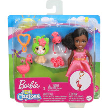 Barbie Club Chelsea Puppe, 15 cm Brünette im Flamingo-Kostüm, mit Kätzchen und Zubehör, Geschenk für 3- bis 7-Jährige