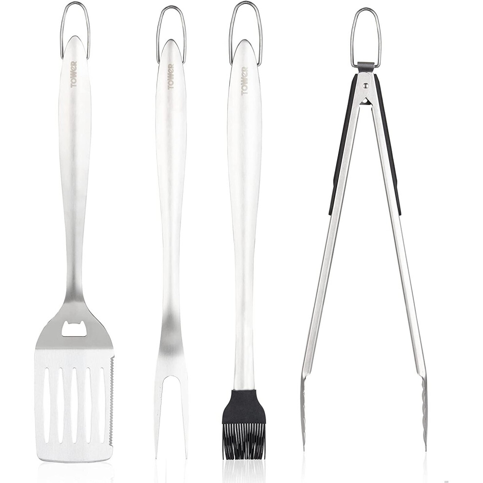 Tower T932002 4 Piece Bbq Tools Set, Stainless Steel, Silver