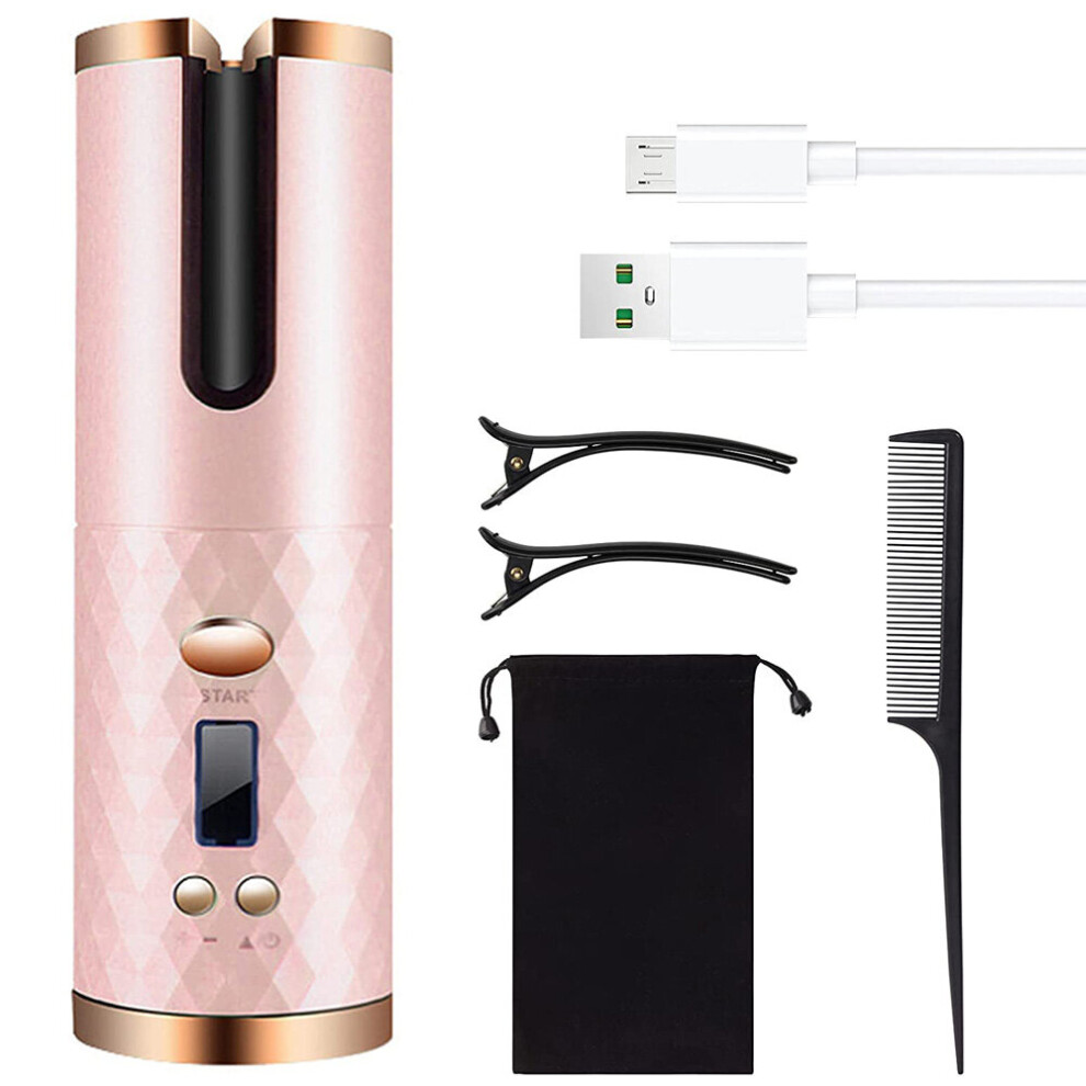 (Pink) Portable Hair waver Automatic Curler Cordless Curling Tong USB recharge Suit