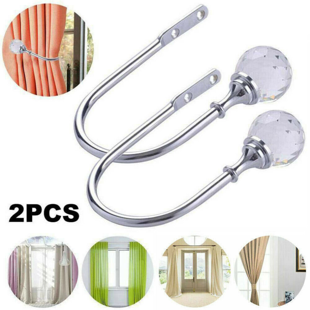 2X Window Curtain Hold Backs Tie Back Hooks Crystal Metal Sliver