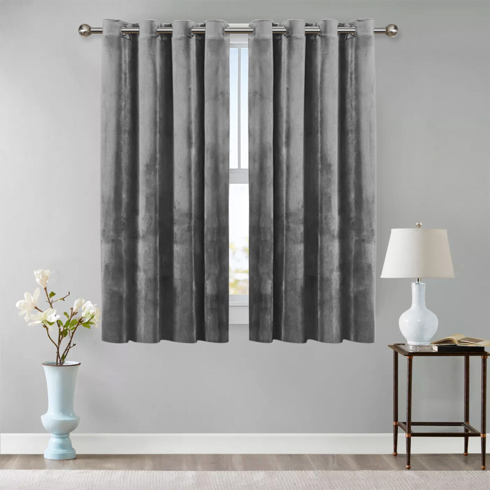 (Grey, 66" x 54" (167cm x 137cm)) Soft Velvet Curtain PairRing  Top Ready Made Panel-image-OPC-P7RJXP6-NEW