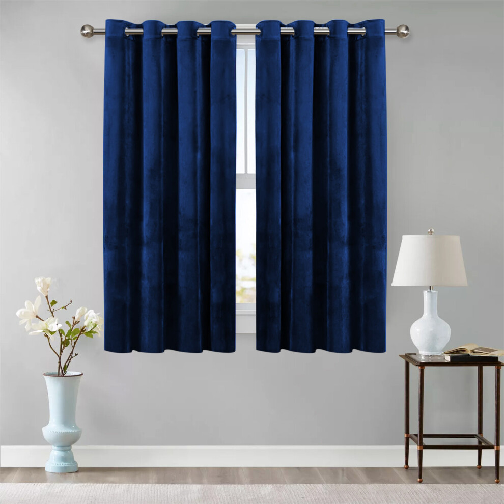 (Blue, 46" x 54" (116cm x 137cm)) Velvet Curtains Eyelet Ring Top Ready Made Short Window Curtain Luxury Home Interior Decor