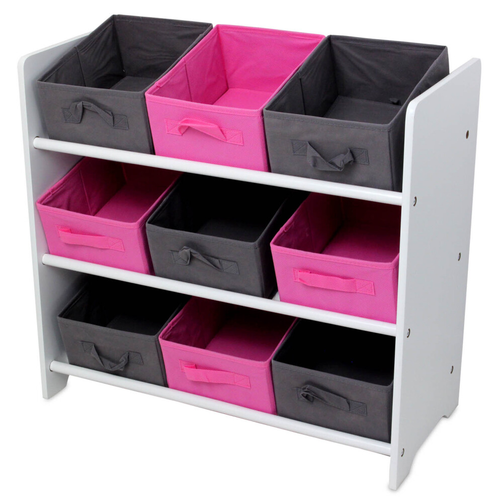 Pink & Grey 3 Tier with 9 Canvas Bins Boxes Storage Unit Cabinet Toys Organiser