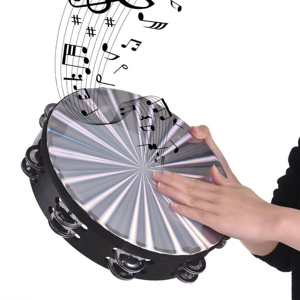(8 inch) Wooden Radiant Tambourine Handbell Hand Drum with Double Row Jingles