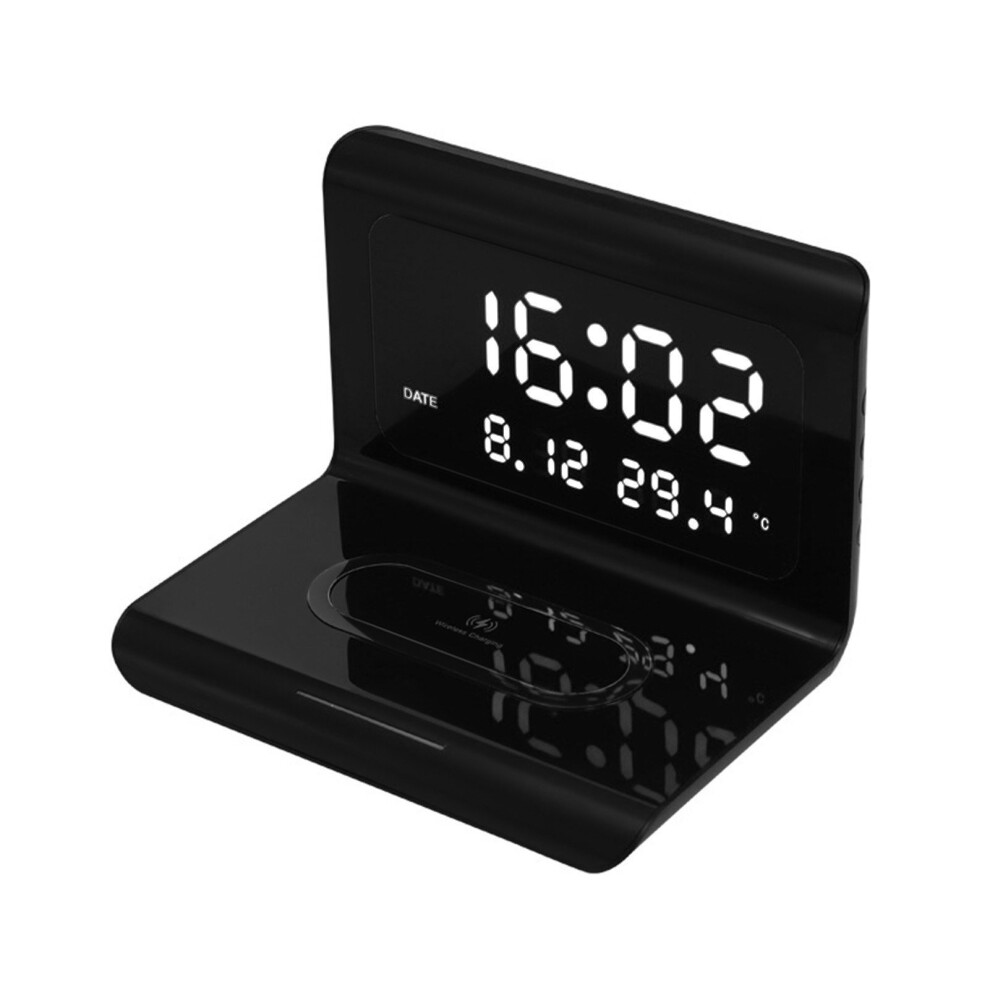 (Black) 10W Wireless Charger Pad and Alarm Clock Thermometer