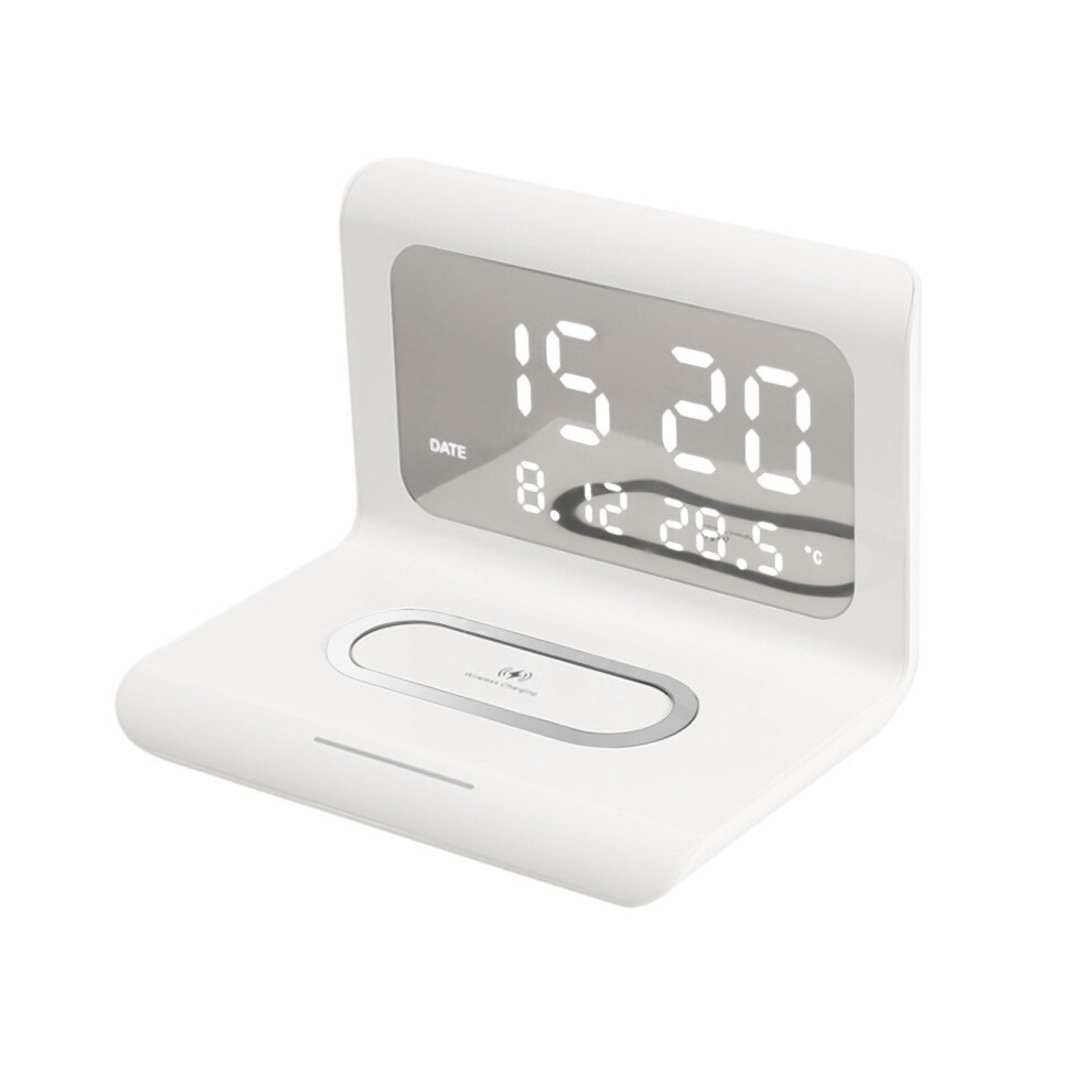 (White) 10W Wireless Charger Pad and Alarm Clock Thermometer