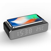 Digital LED Alarm Clock with Qi Wireless Charger, 12/24-Hour Time, 3 Alarms, Temperature Display, Black ABS