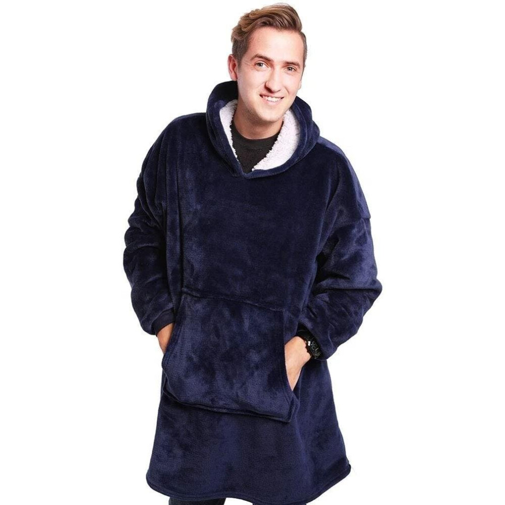 (Blue, One Size For All) Warm Flannel Ultra Plush Hoodie Blanket With Sleeve