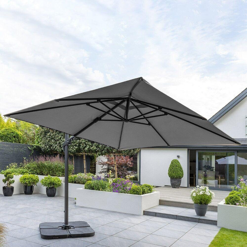 (Dark Grey) Large Square Canopy Rotating Outdoor Cantilever Parasol Umbrella with Base