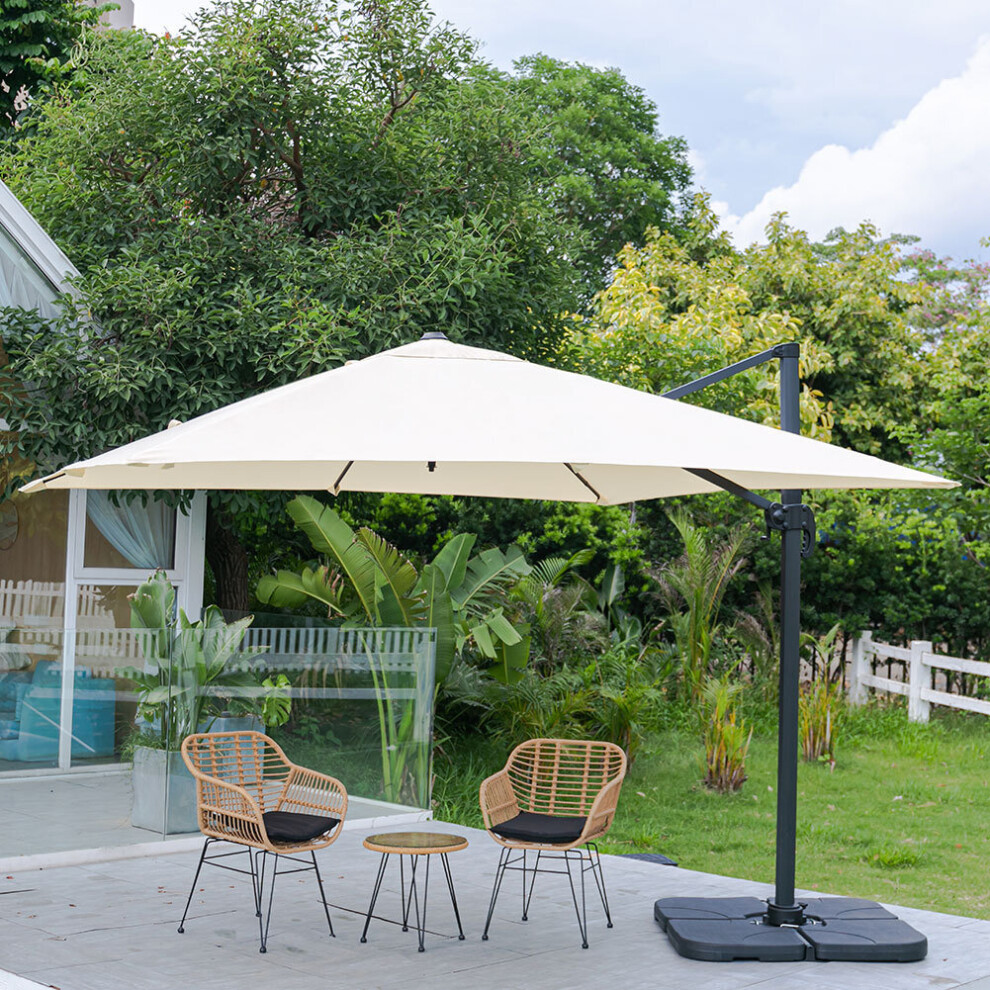 (Beige) Large Square Canopy Rotating Outdoor Cantilever Parasol Umbrella with Base