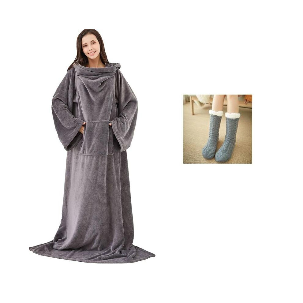 (Grey Robe & Socks) Soft Warm Long Coral Fleece Blanket Robe with Sleeves