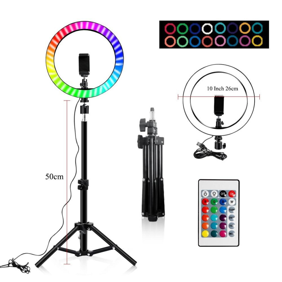 (160cM tripod, 26cM V1) 10" RGB Ring Lamp with Tripod Stand and Wireless Remote, 16 Light LED Colors