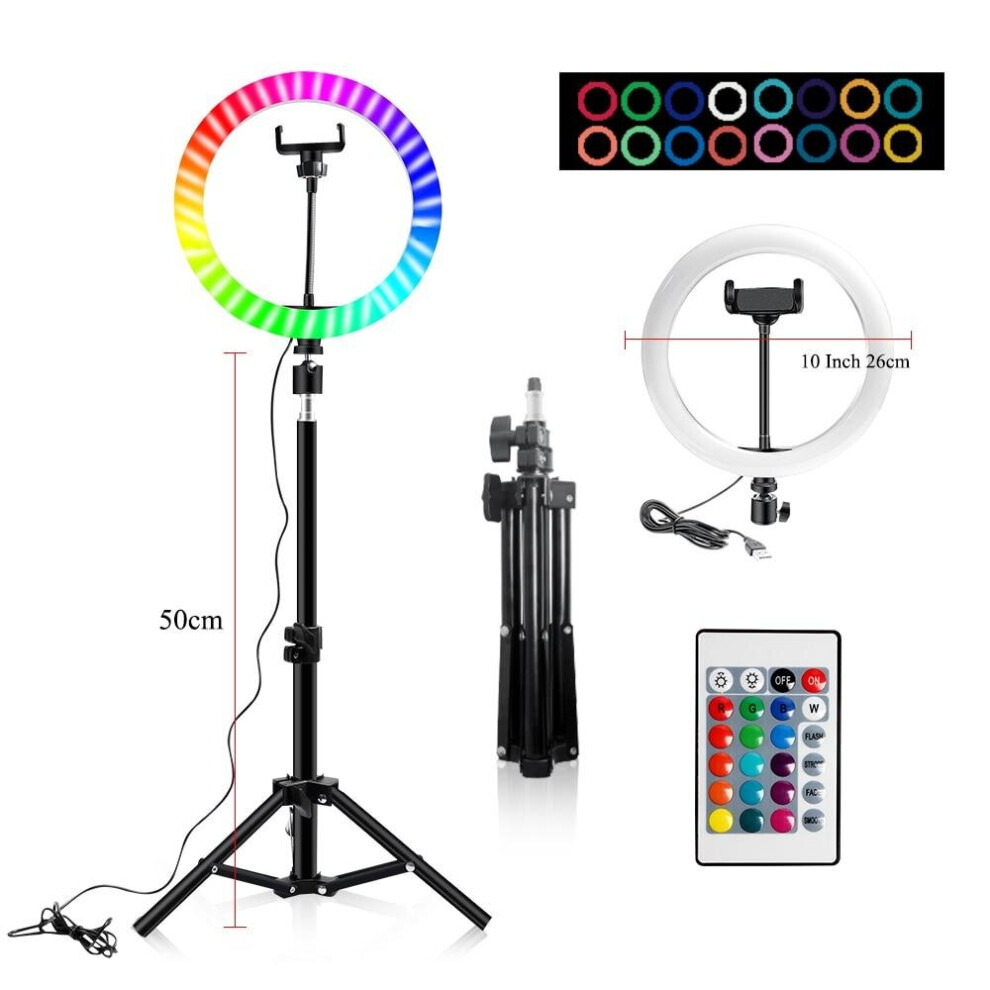 (50cM tripod, 26cM V2) 10" RGB Ring Lamp with Tripod Stand and Wireless Remote, 16 Light LED Colors