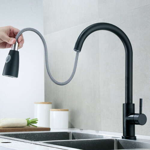Black Kitchen Sink Taps Pull Out Spray Single Lever Swivel Spout Brass