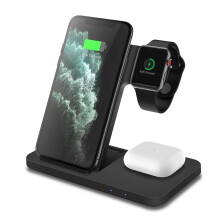 (TypeB Noir) Chargeur sans fil Qi rapide 15 W – Station d'accueil 3 en 1 pour iPhone 12/11/Xs/Xr/X/8, Apple Watch 6/SE/5/4 et AirPods Pro