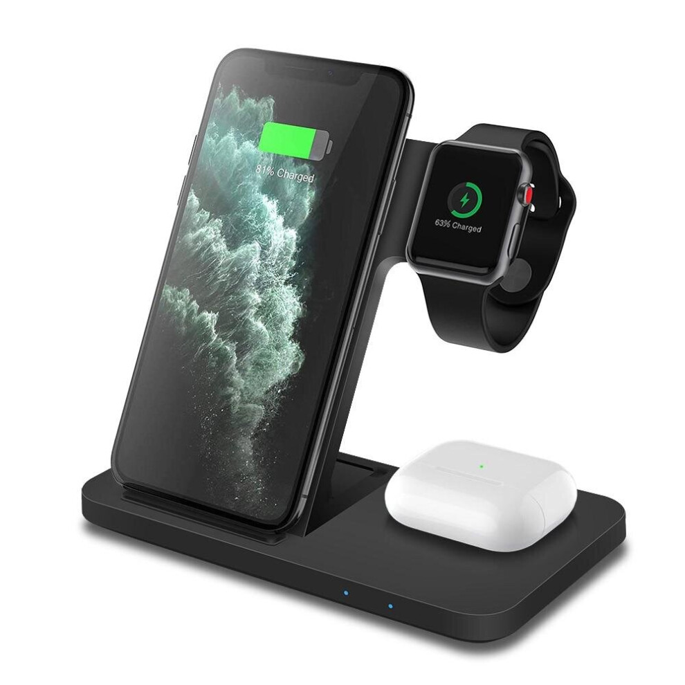 (TypeB Black) 15w Fast Qi Wireless Charger Stand For Iphone 12 11 Xs Xr X 8 3 In 1 Charging Dock Station For Apple Watch 6 Se 5 4 Airpods Pro