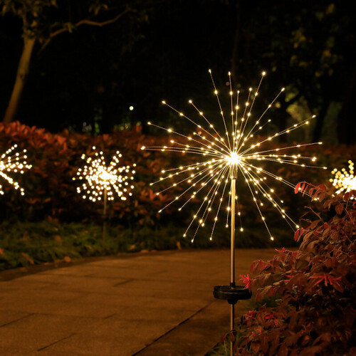 (Warm White) 2PC 120 LED Solar Powered Firework Starburst Stake Light 1