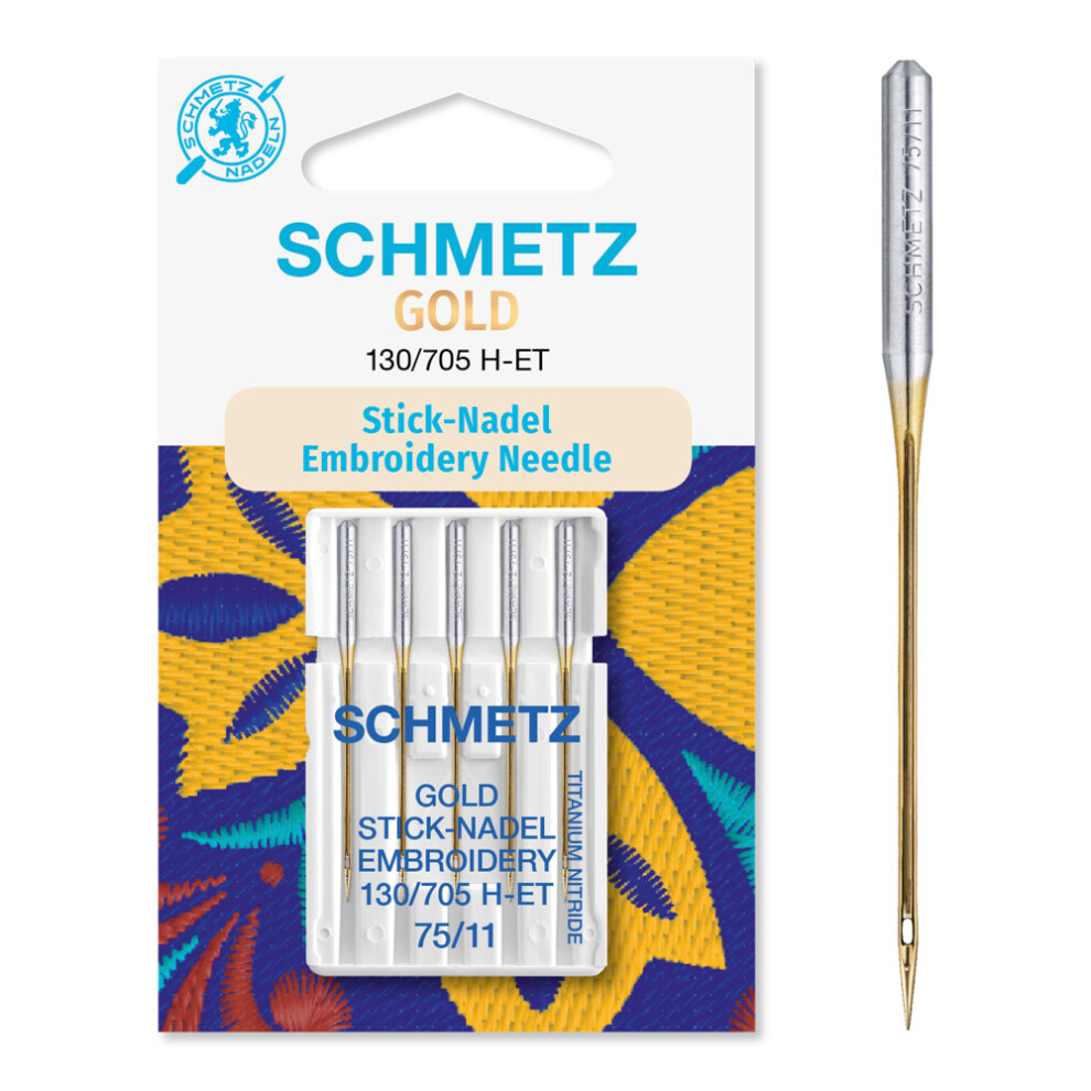 Schmetz ( Embroidery (Titanium Nitride), Size 75/11) Sewing Machine Needles, 5Pk Gold