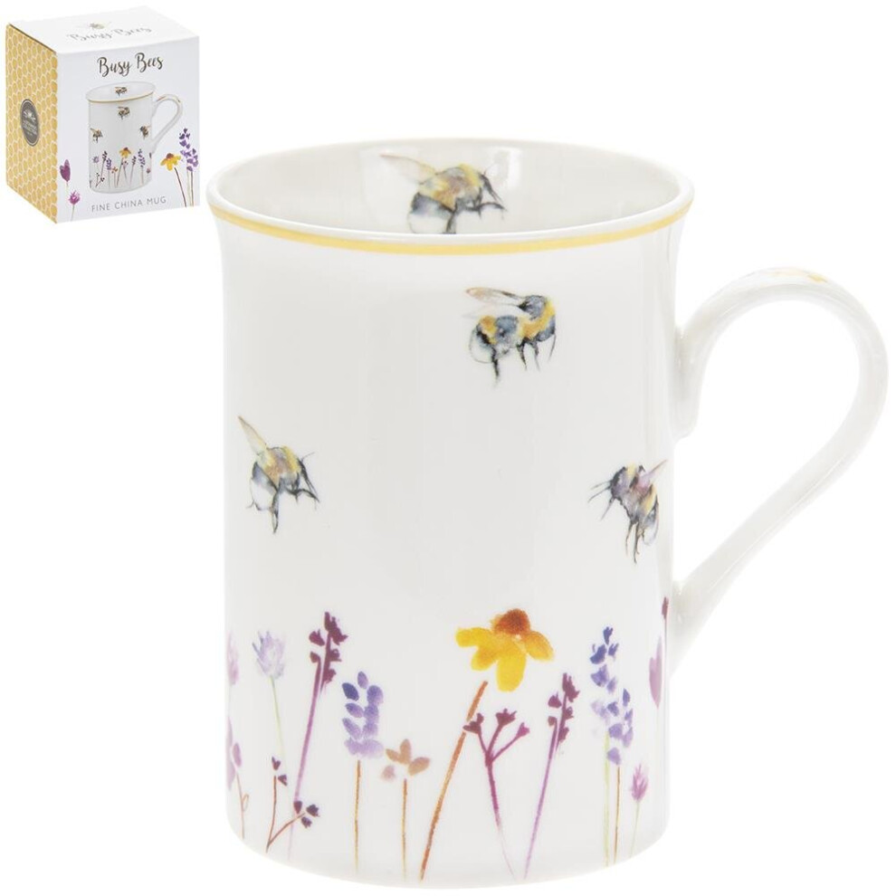 Rajanis Busy Bees Fine China Mug - Single, Elegant 11Cm Floral Bee Design, Dishwasher Safe