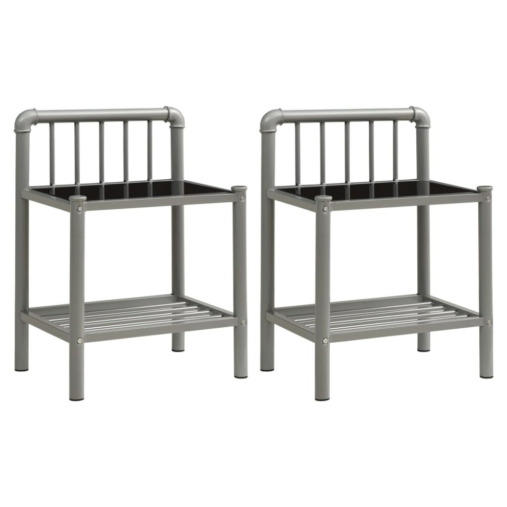 vidaXL 2x Bedside Cabinet Grey and Black Metal and Glass Side Table Bed Stand