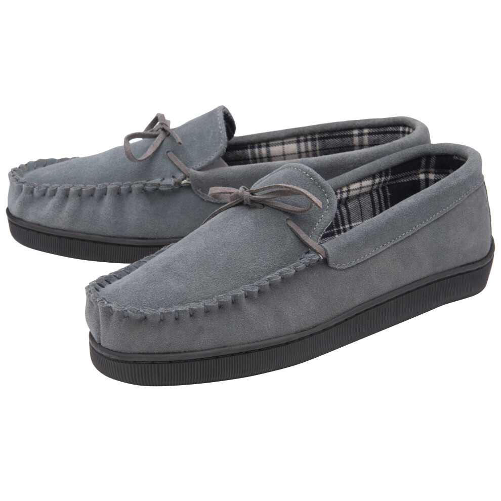 (10, Grey) DUNLOP - Mens Real Suede Leather Fleece Lined Moccasin Slippers