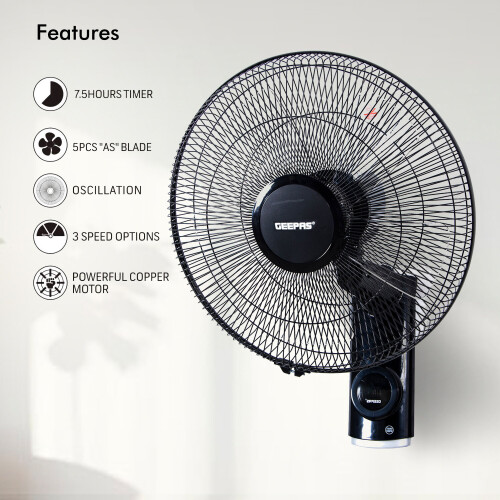 Geepas 16Inch Wall Mounted Fan with Remote Control 60W Cooling Fan on