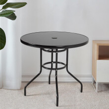 Tempered Glass Patio Table with Central Parasol Hole, 80cm Dia Round Garden Table, Steel Frame, Weather-Resistant