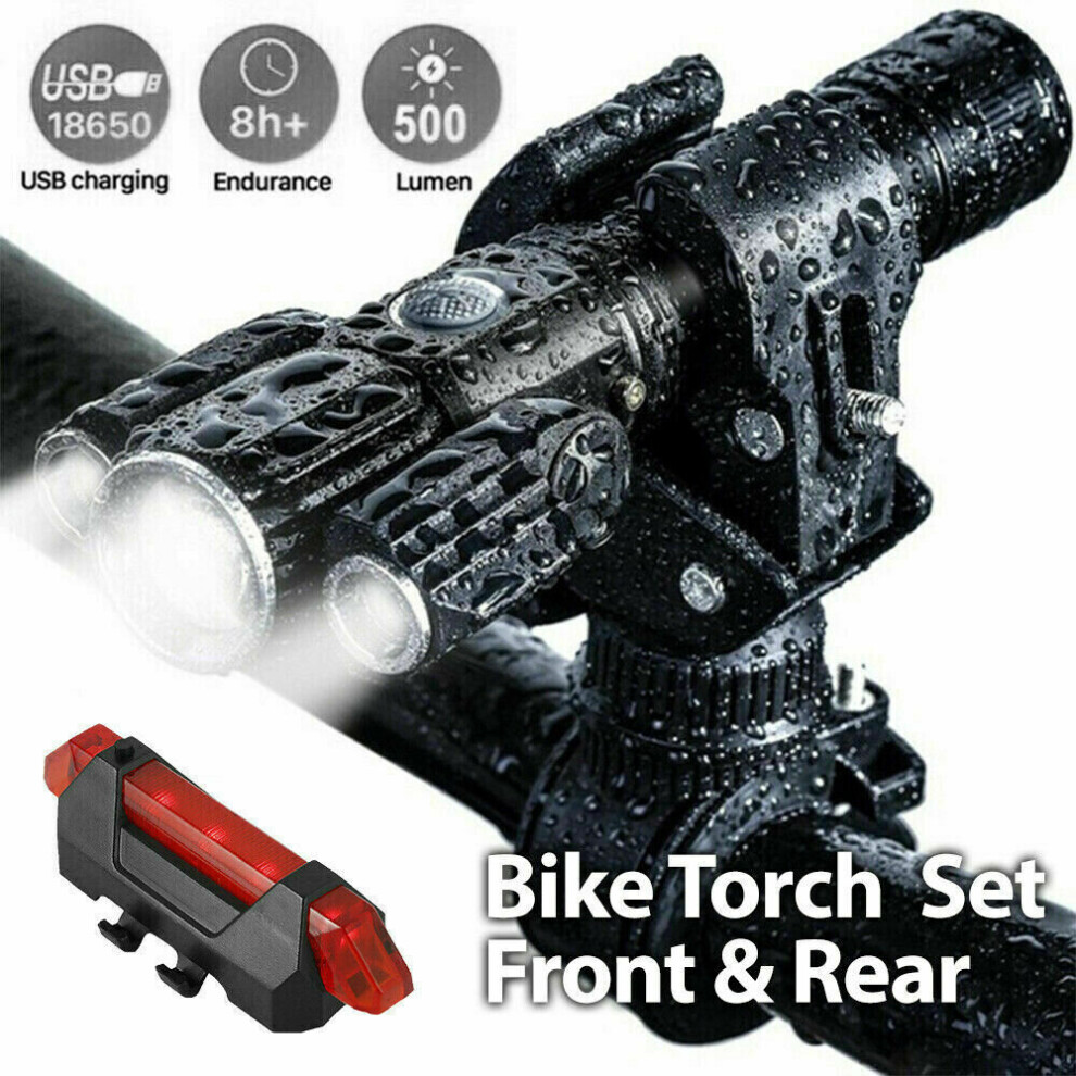Rechargeable LED Mountain Bike Lights Bicycle Torch Front Rear LampSet