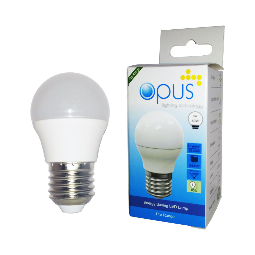 3 x Opus 6W = 40W LED Golf Ball Light Bulbs Daylight ES E27 Screw Cap Opal Light Bulb