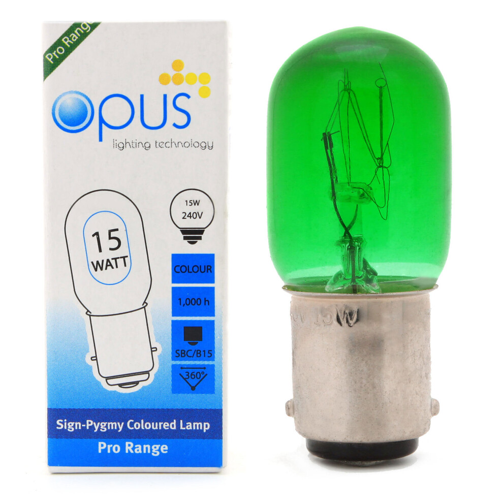 5 x Opus 15w Pygmy Green Coloured Display Sign Light Bulbs SBC B15 Small Bayonet DIMMABLE