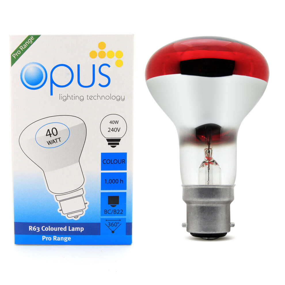 5 x Opus R63 Reflector Red Coloured Light 40watt Incandescent Bulb BC B22 Bayonet Cap Spot Light Disco Bulb Dimmable