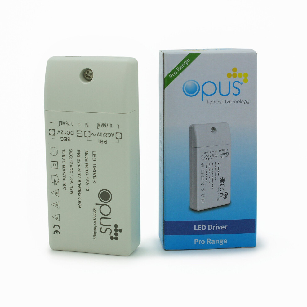 Opus 12w 12v DC Compact LED Driver Transformer for use with MR16 MR11 G4 & 12v Strip Lighting Power Supply