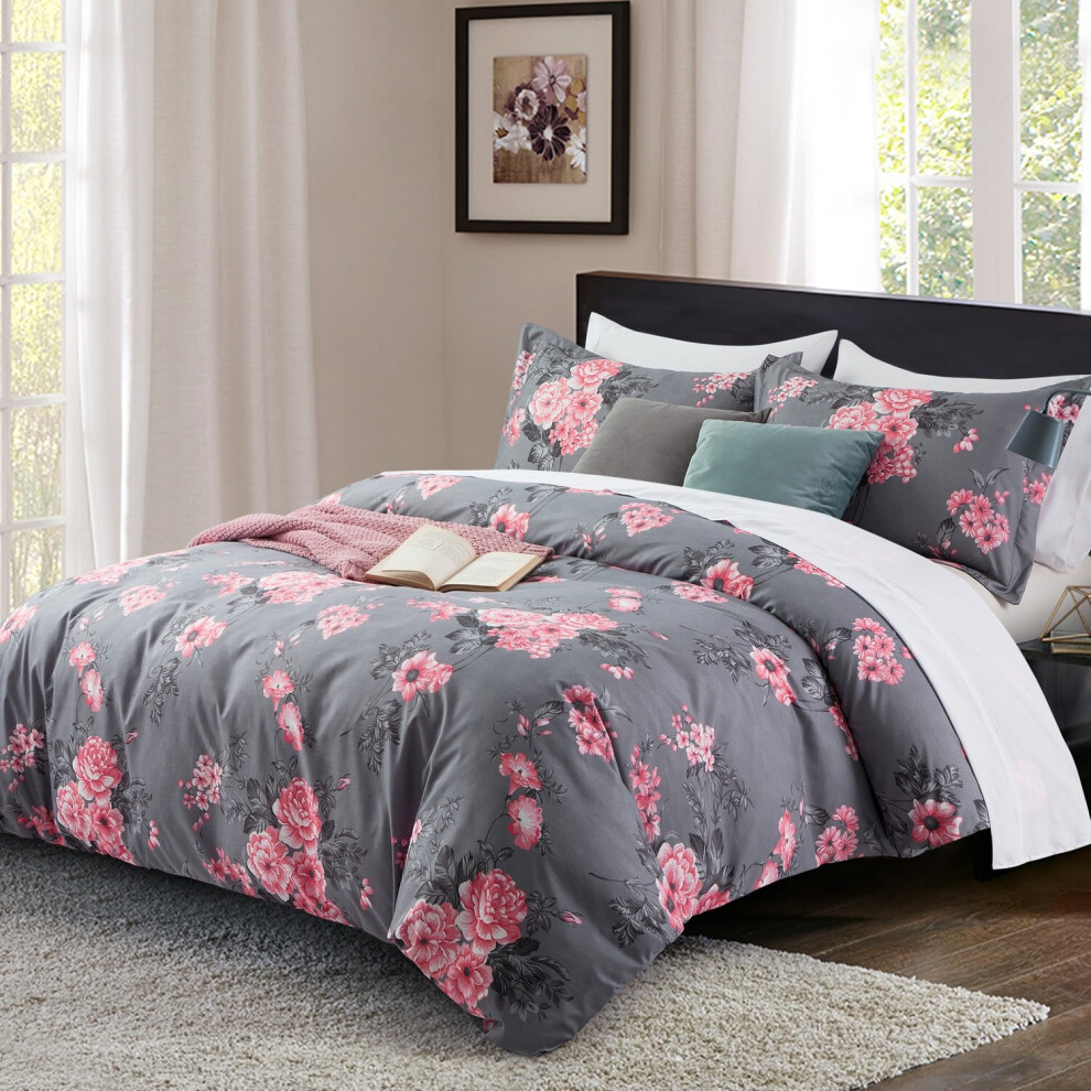 (Grey Bouquet, Single) Printed Duvet Quilt Covers Super Soft Anti-Allergy 3PC Floral Bedding Set Easy Care All UK Sizes Luxury Home Decor