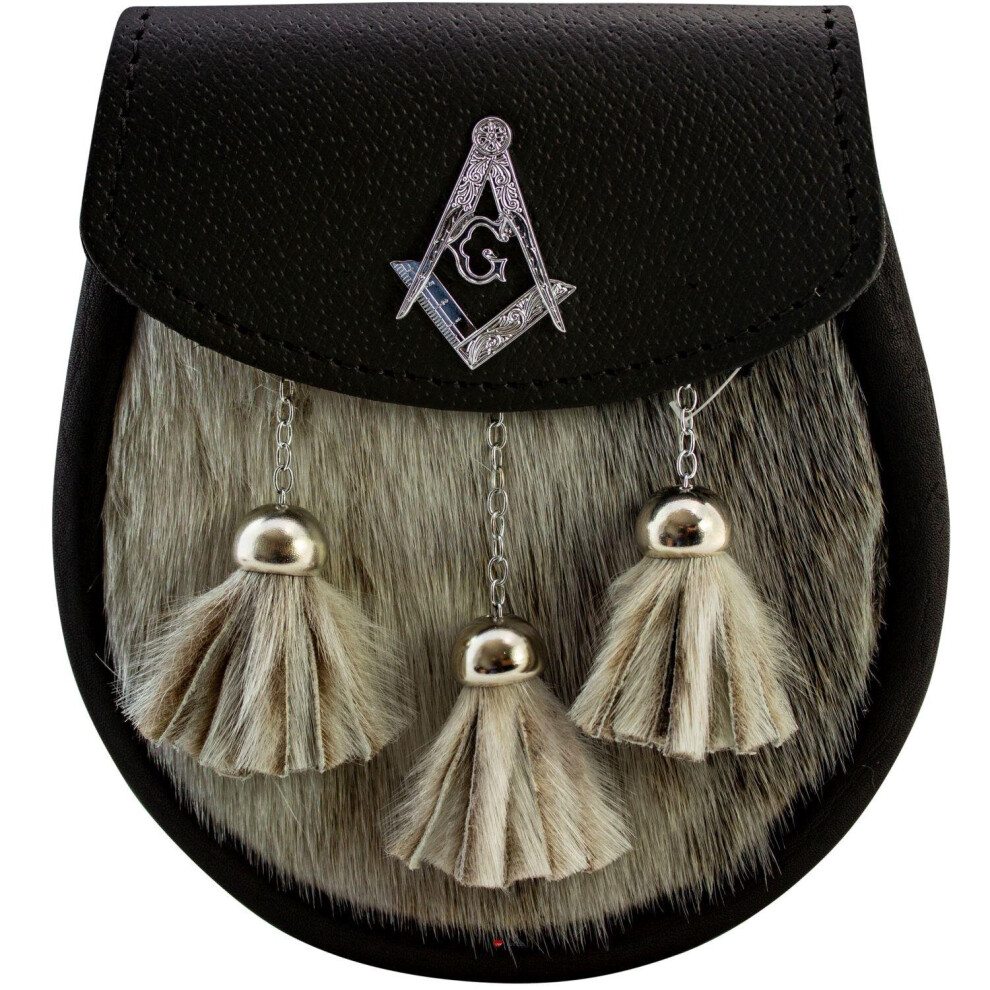 (L - 34" - 46") Masonic Semi Dress Sporran Freemason Badge on Lid Black Leather Seal Scottish Celtic Wallet Pouch Kilt Accessories for Men