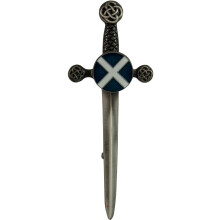 (Antique Silver) Mens Kilt Pin Saltire Claymore Sword Chrome and Antique