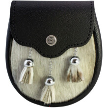 (Large) Boys Sporran Semi-Dress Black Leather Tassels White Faux Fur 3 Sizes