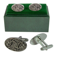 (Oval Chrome Finish) Mens Cufflinks Scottish Celtic Knot Design Antique and Chrome
