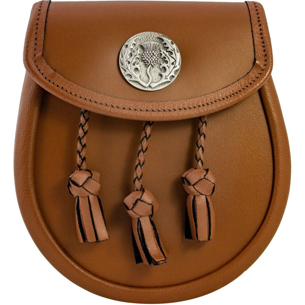 (Tan, L - 34" - 46") Day Sporran Leather Knotted Tassels Pewter Badge Antique Finish 4 Styles Scottish Made Comes with Sporran Waist Chain