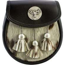 (Black, L - 34" - 46") Semi Dress Sporran Faux Fur Pewter Scottish Stag Head Badge 2 Colours Scottish Made Comes with Sporran Waist Chain
