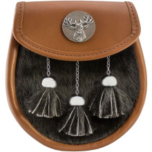 (Tan, M - 32" - 42") Semi Dress Sporran Faux Fur Pewter Scottish Stag Head Badge 2 Colours Scottish Made Comes with Sporran Waist Chain