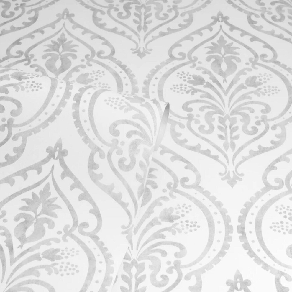 Arthouse Moroccan Damask White/Silver Wallpaper Heavy Duty Vinyl