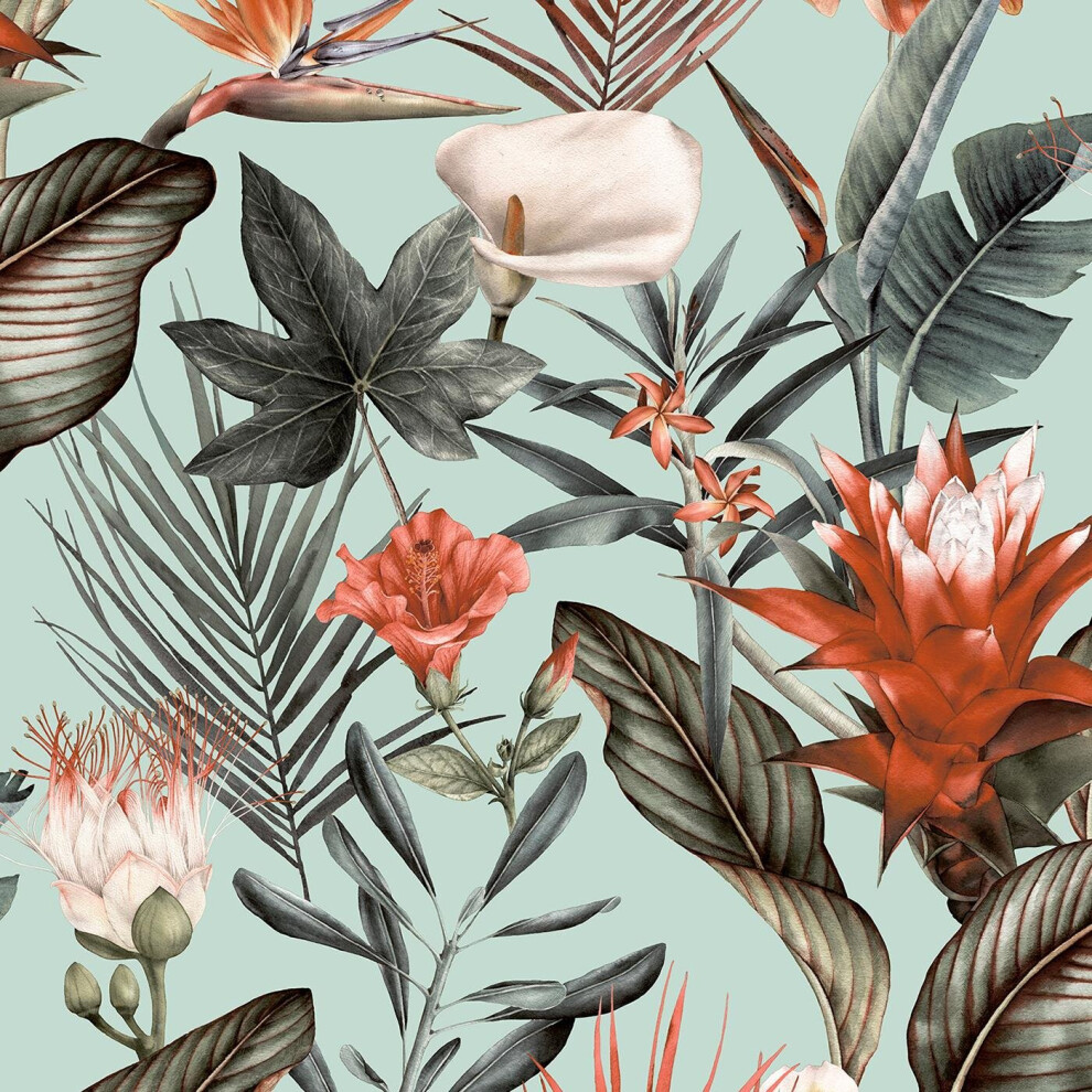 Debona Flora Duck Egg Wallpaper - Tropical Jungle Floral Print - Blue, Green, Orange - Paper - 10m Roll - Image 4