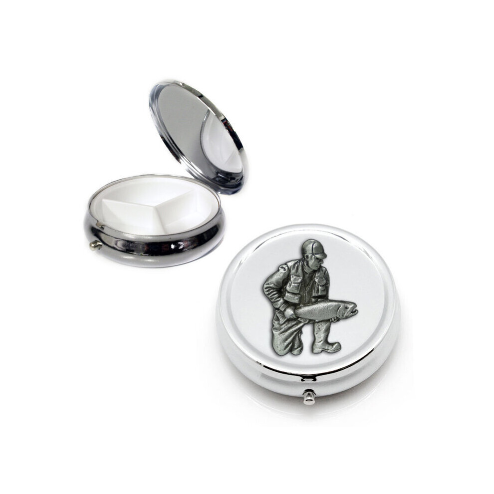 Knight Silver Fisherman Round Pill Box
