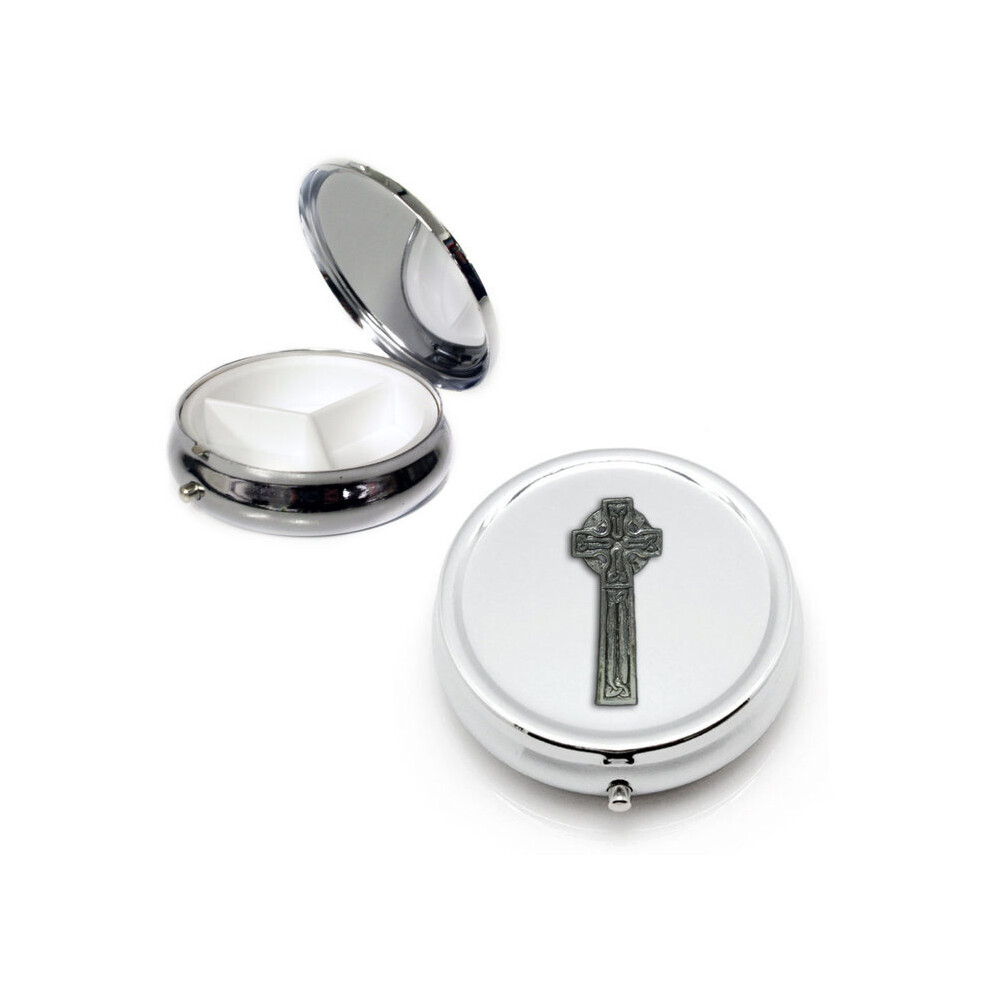 Knight Celtic Cross Silver Round Pill Box